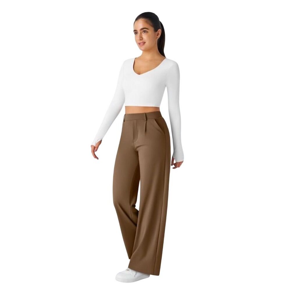 Halara HaloTek Air High Waist Wide Leg Tan Stretch Work Pants Women's L